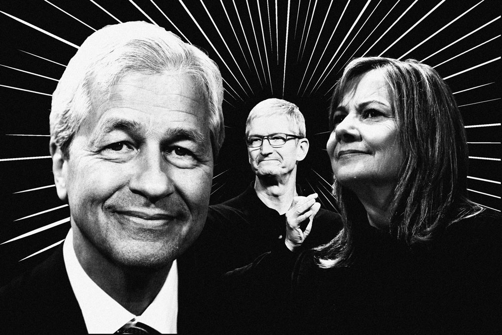 杰米·戴蒙（Jamie Dimon），蒂姆·库克（Tim Cook）和玛丽·巴拉（Mary Barra）。（彭博）